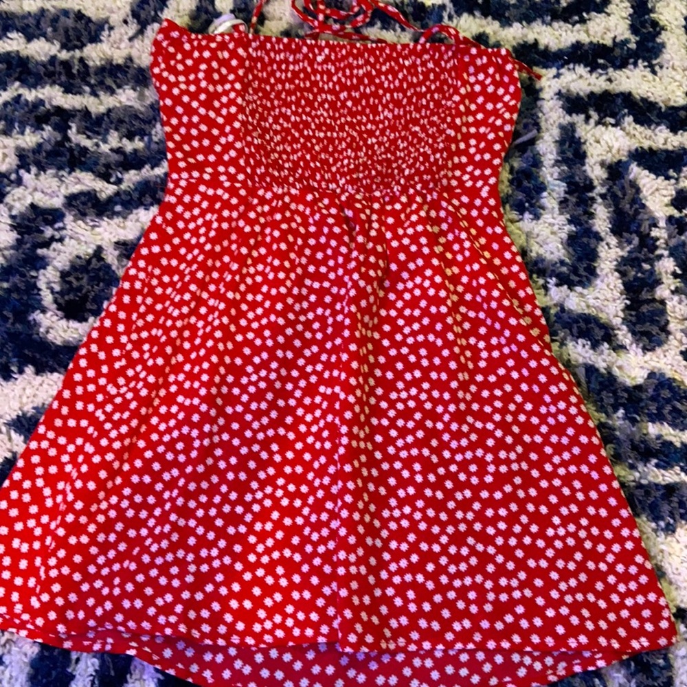 red floral dress, bandeau, small